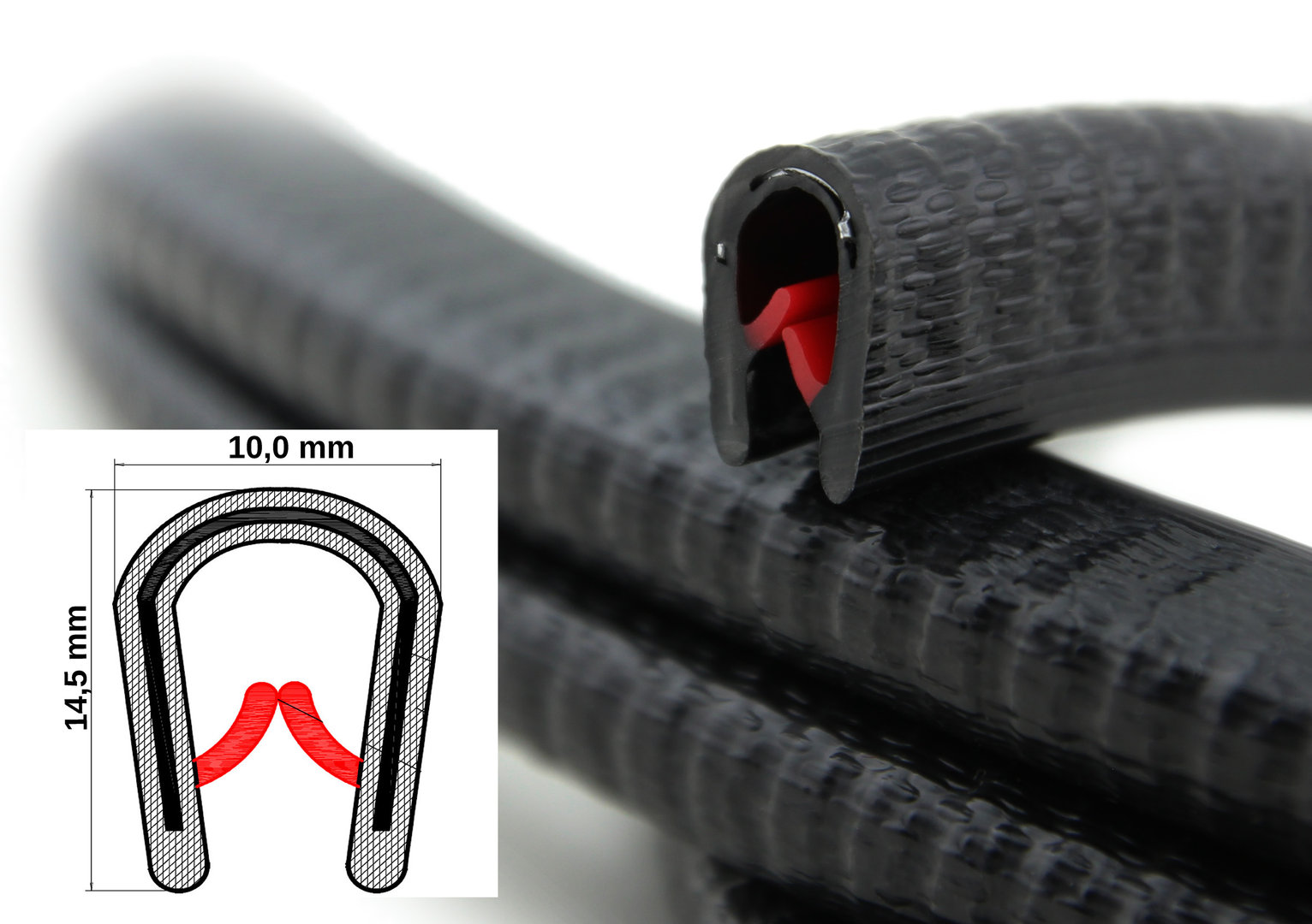 Kantenschutzprofil schwarz KB 1-4,5 mm Maße 10x14,5 mm Kantenschutz Kederband 