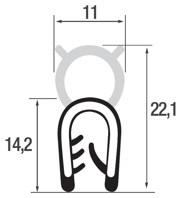 DO22 -  TPE mit POM NIRO Kantenschutz Dichtungs Profil Gummi Dichtung oben - Klemmbereich 1 - 2,5 mm