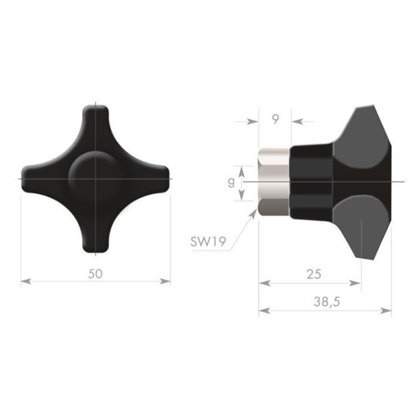 4SG50-IG6 vier Ecken Kunststoff Sterngriff Dm 50 mm Griff Mutter mit Gewinde M8 Messing vernickelt