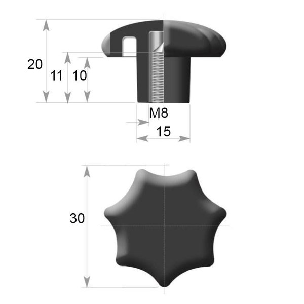7SG30-IG8 sieben Ecken Kunststoff Sterngriff Dm 30 mm Griff Mutter mit Gewinde M8 mm Messing Handrad